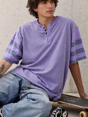 Vintage PB&CO 90s Striped Henley Shirt XL Purple Skate Surf Grunge USA